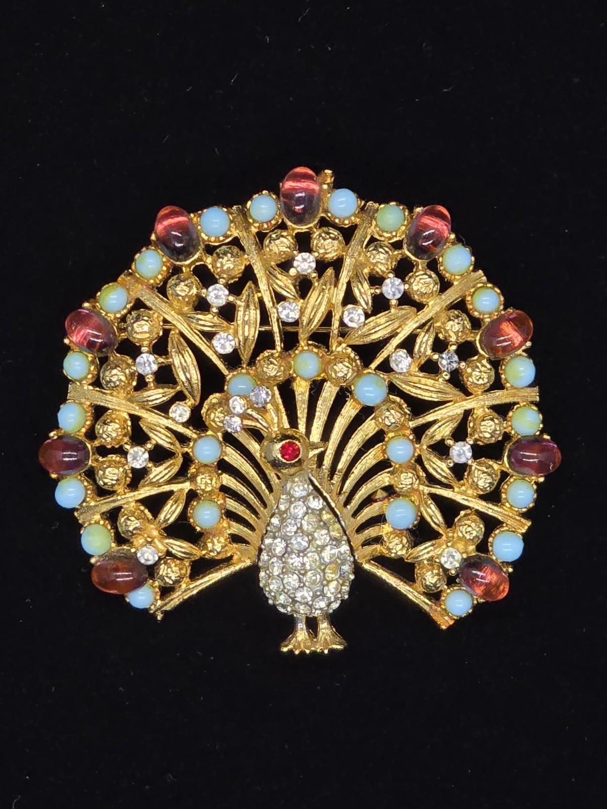 Vtg Signed Lisner Blue Purple Rhinestone Figural Peacock Gold Tone Brooch Pin