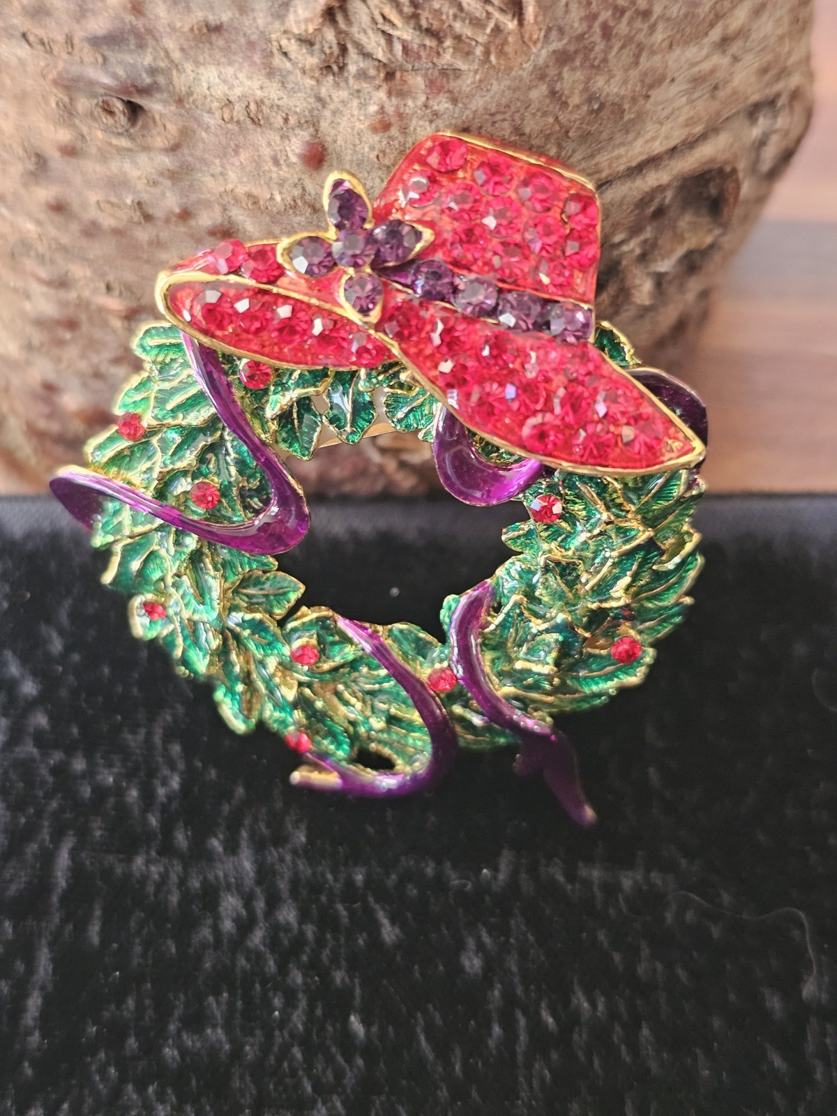 Vintage Red Hat Society Enamel Rhinestone Wreath Brooch Purple Ribbon