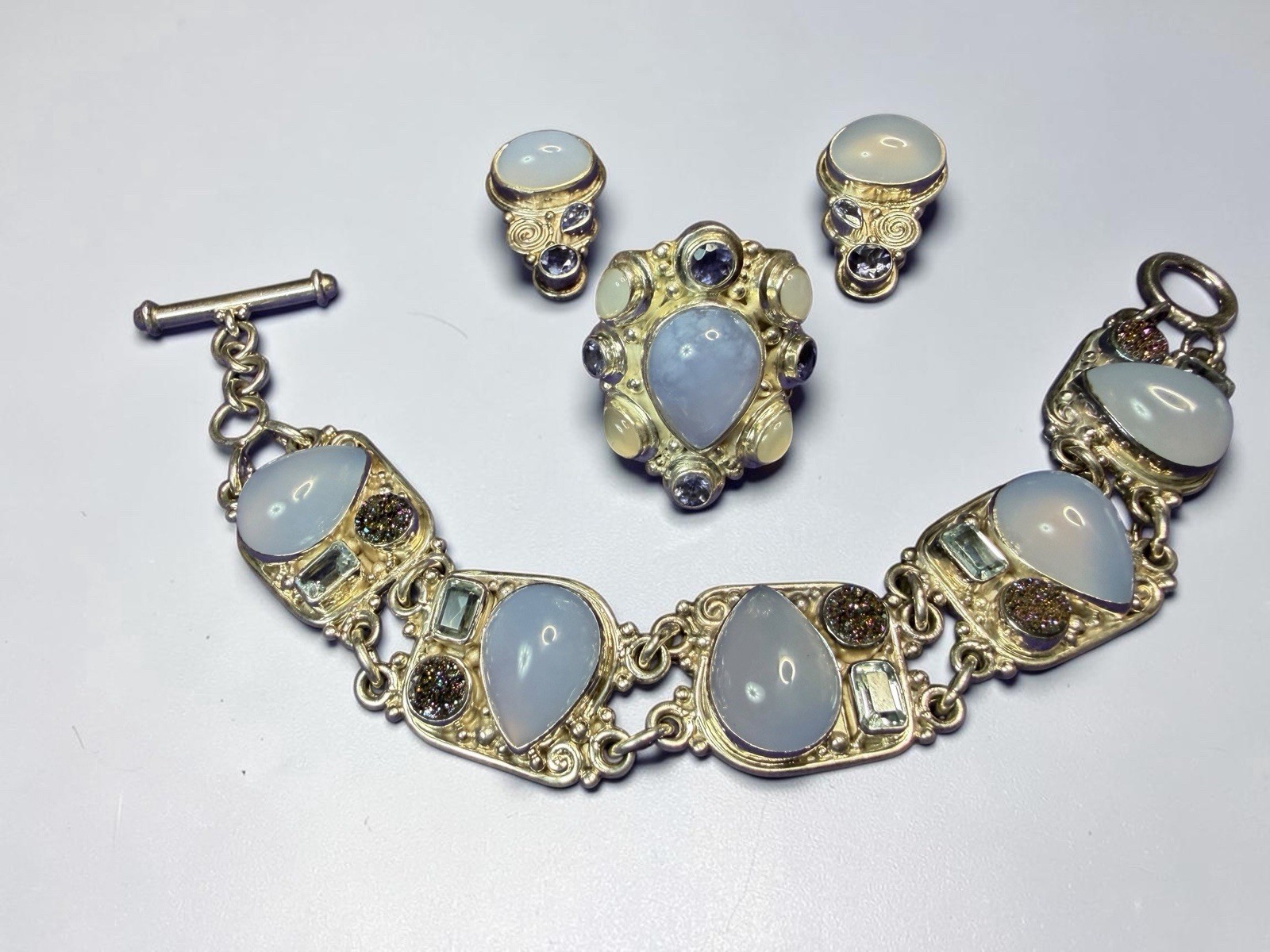 Sajen 925 Silver Chalcedony Moonstone Iolite Druzy Ring Bracelet Earrings Set