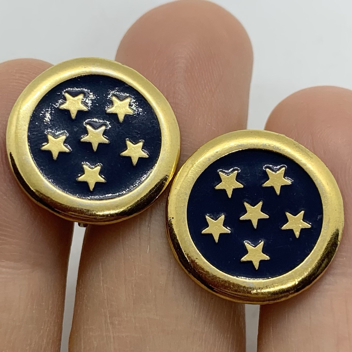 VTG Revere Signed Gold Star Blue Enamel Button Earrings Clip-on