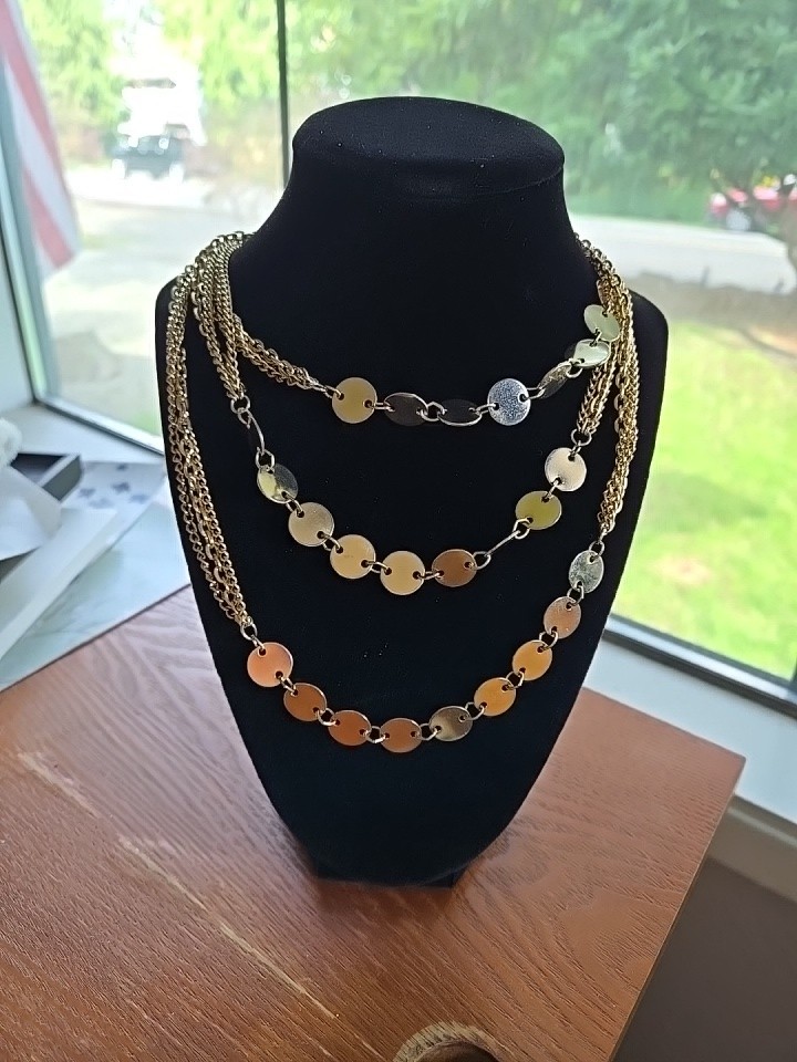 Goldtone Three Strand Long Chain 54″With Round Discs