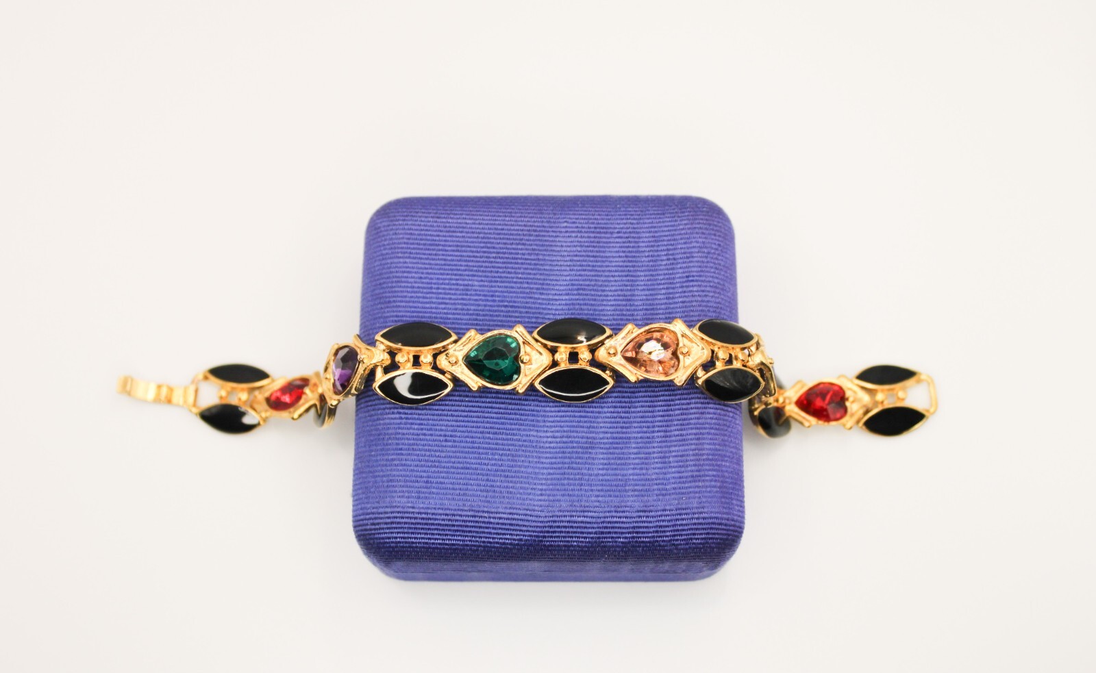 Vintage ORENA of PARIS France Rhinestones Enamel Heart Link Bracelet Gold Tone