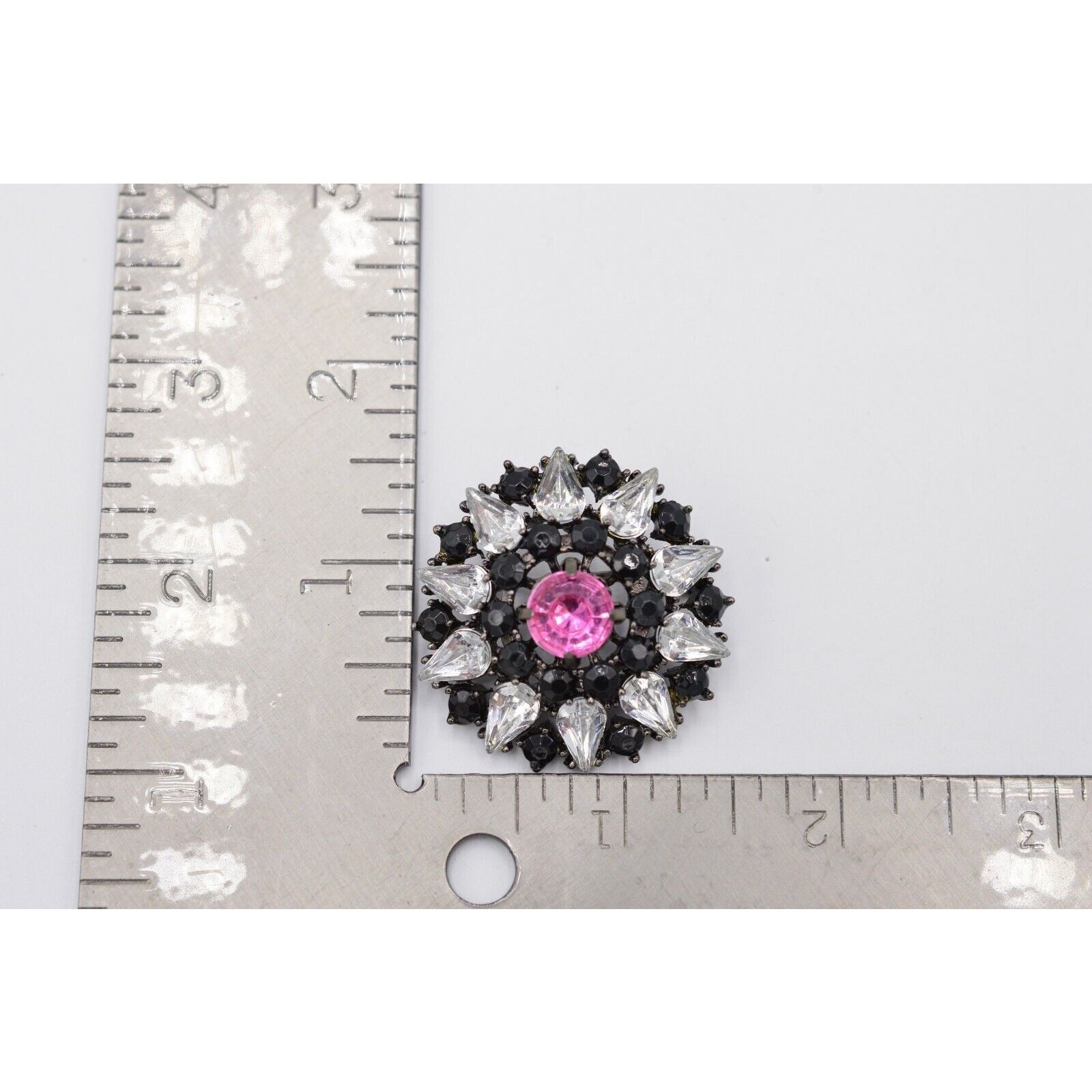 Vintage Pink Crystal Starburst Pin Brooch Rhinestone Black Gunmetal 1980s Bin5B