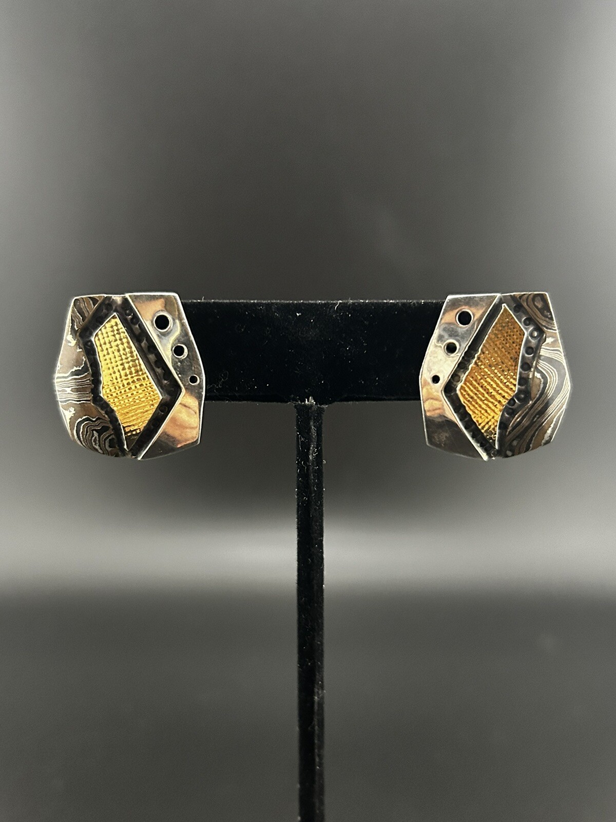 Vintage Sterling Designer Signed Geometric Mixed Metal Textured Accent Earrings