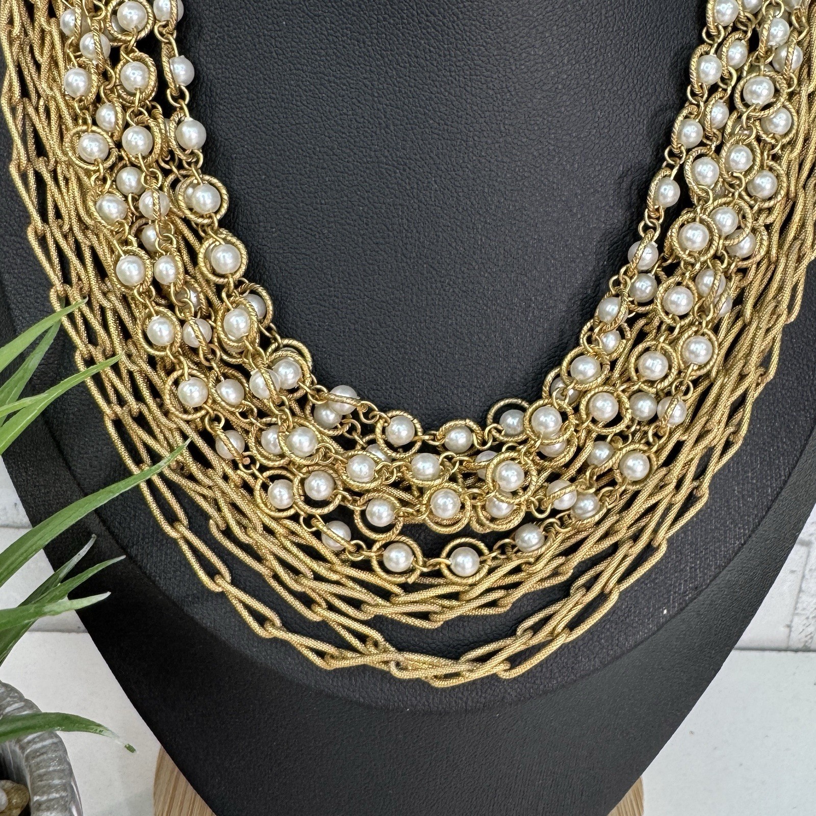 Vintage 60’s White Faux Pearl and Paper Clip Chain Gold Tone Layered Necklace