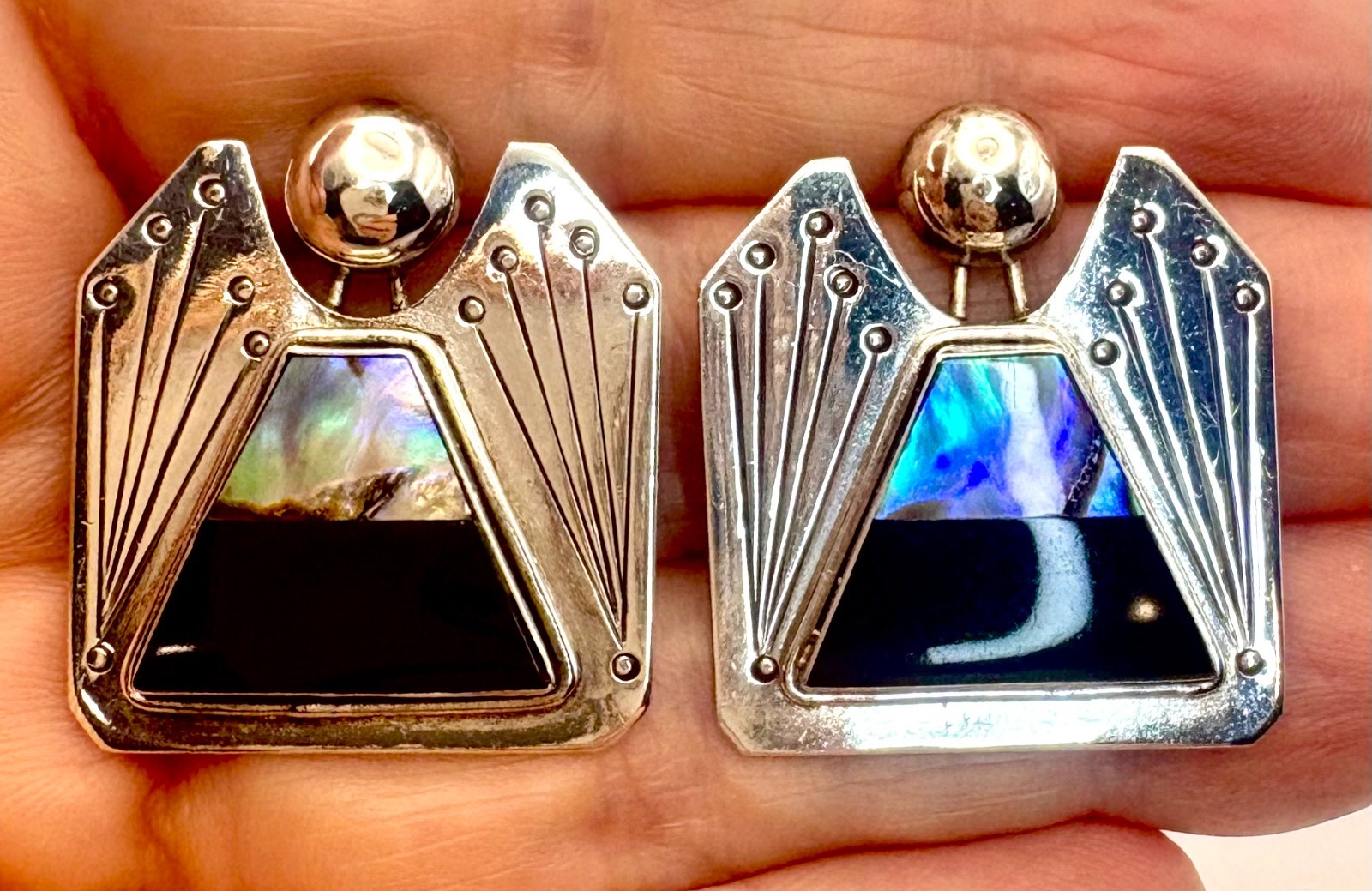 Sterling Silver 925 Black Onyx Abalone MOP Shell Angel Figure Vintage Earrings