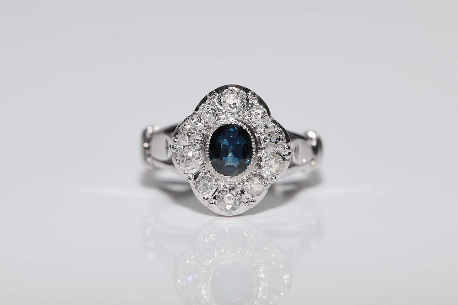 Antique Circa 1920s 18k Gold Art Deco Natural Diamond And Sapphire Navette Ring