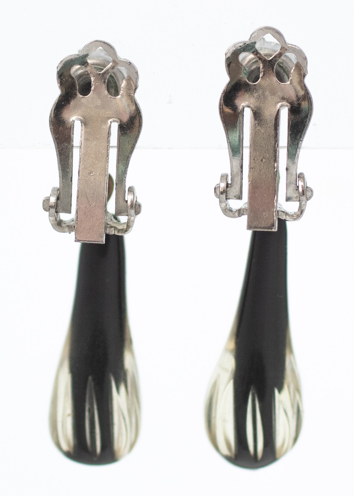 1950s Vintage Earrings Black Cased Glass Dangle Drop Aurora Borealis Rhinestone