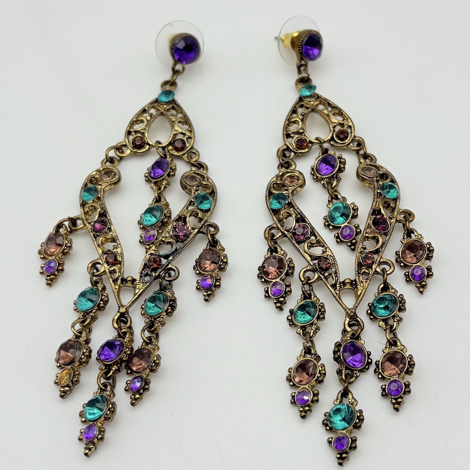Long Vintage Dangle Drop Post Gold Tone Earrings Teal Purple Brown Rhinestones
