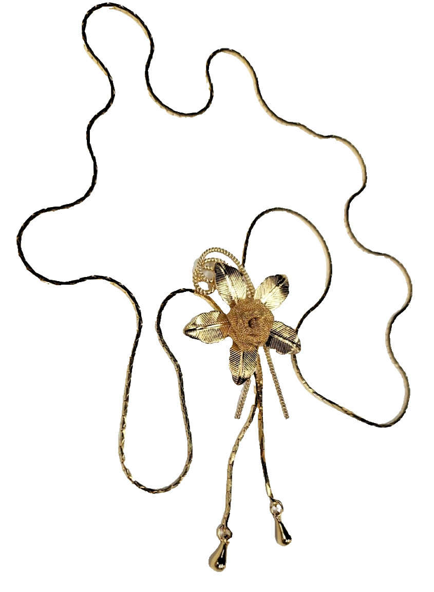 Gold Flower ~ Adjustable Female Necktie style Necklace ~ 26″ total~ Gold tone