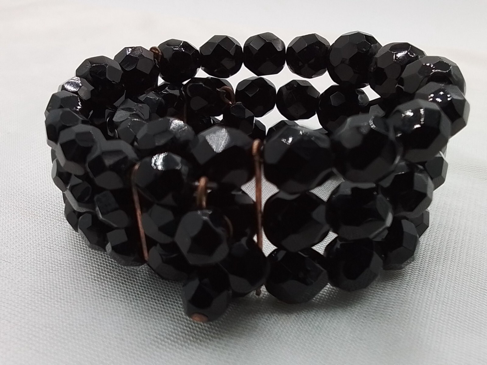 BLACK CRYSTAL TRIPLE STRAND FACETED BEADS EXPANDING WIRE CUFF BRACELET VINTAGE