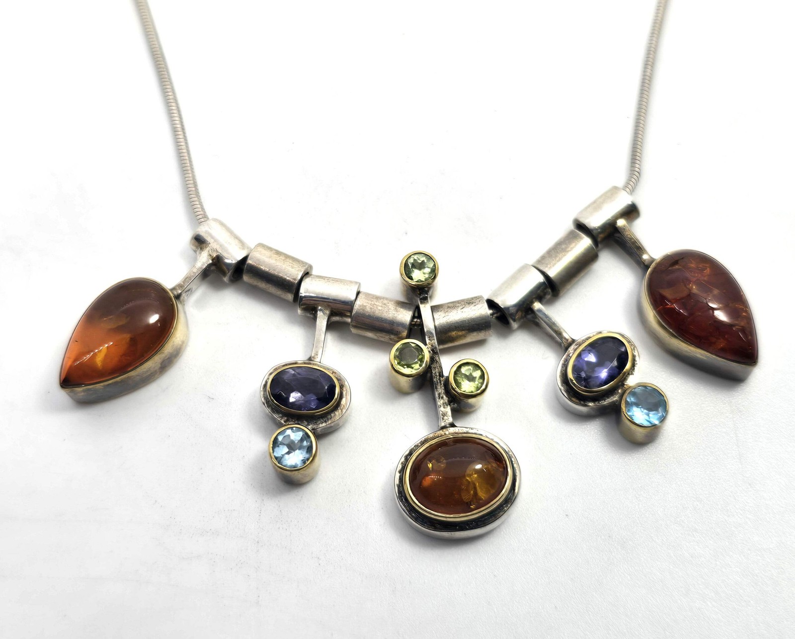 Modernist Amber Iolite Peridot and topaz vintage sterling silver necklace