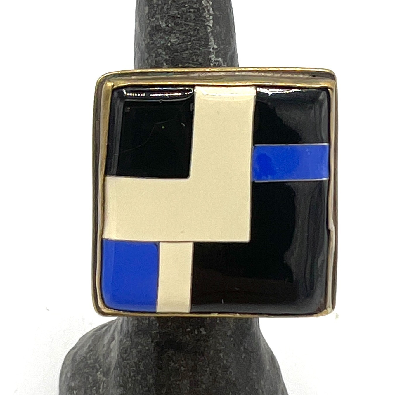 Modernist Geometric Resin Ring Black Enamel Metal Frame