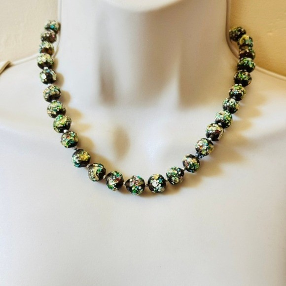 VTG 60s Art Glass Necklace Japan Foil Confetti Colorful Japanese beads 16″