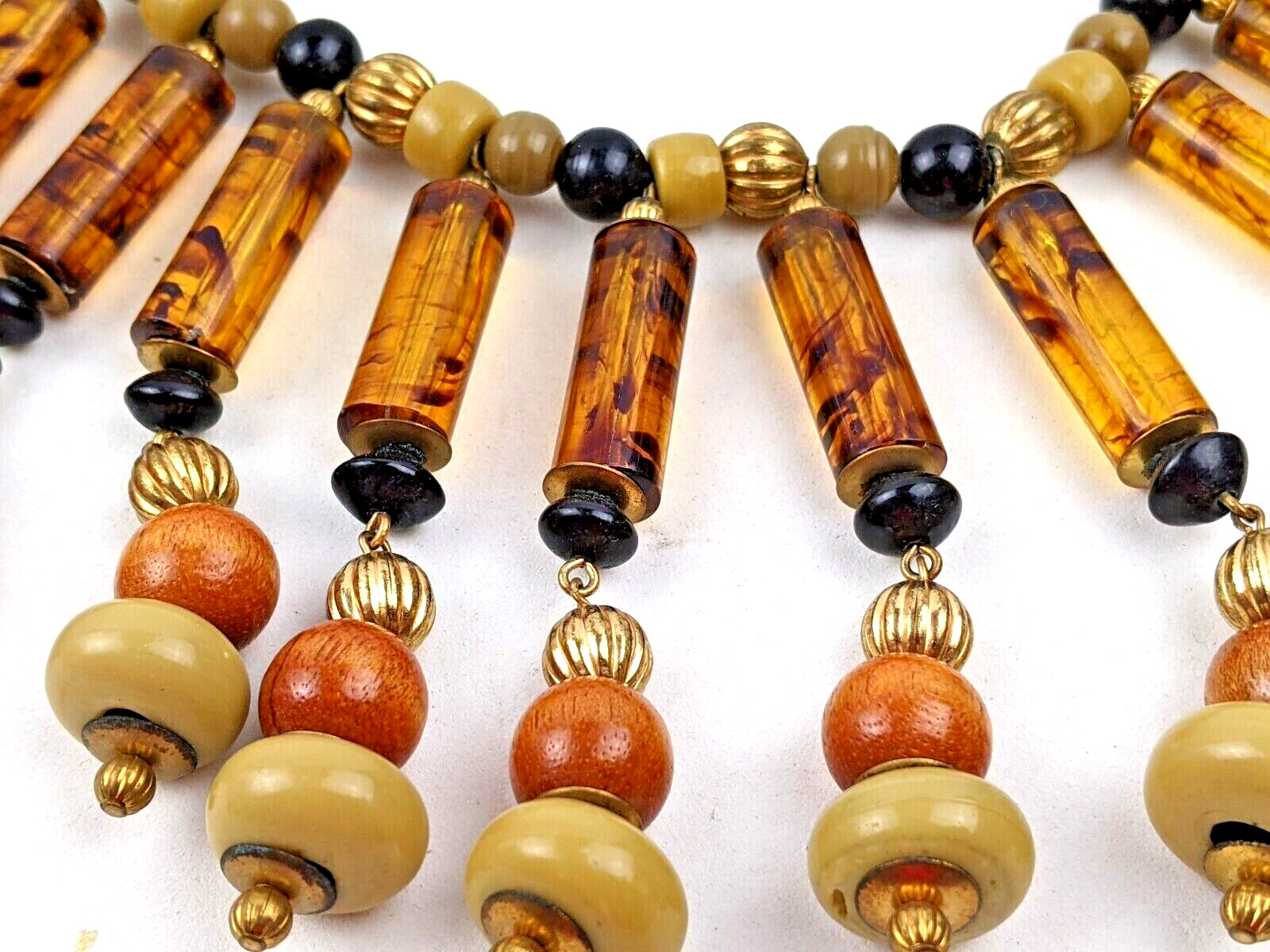 Bold Vintage Cleopatra Lucite, Wood & Gold Beaded Bib Statement Collar Necklace