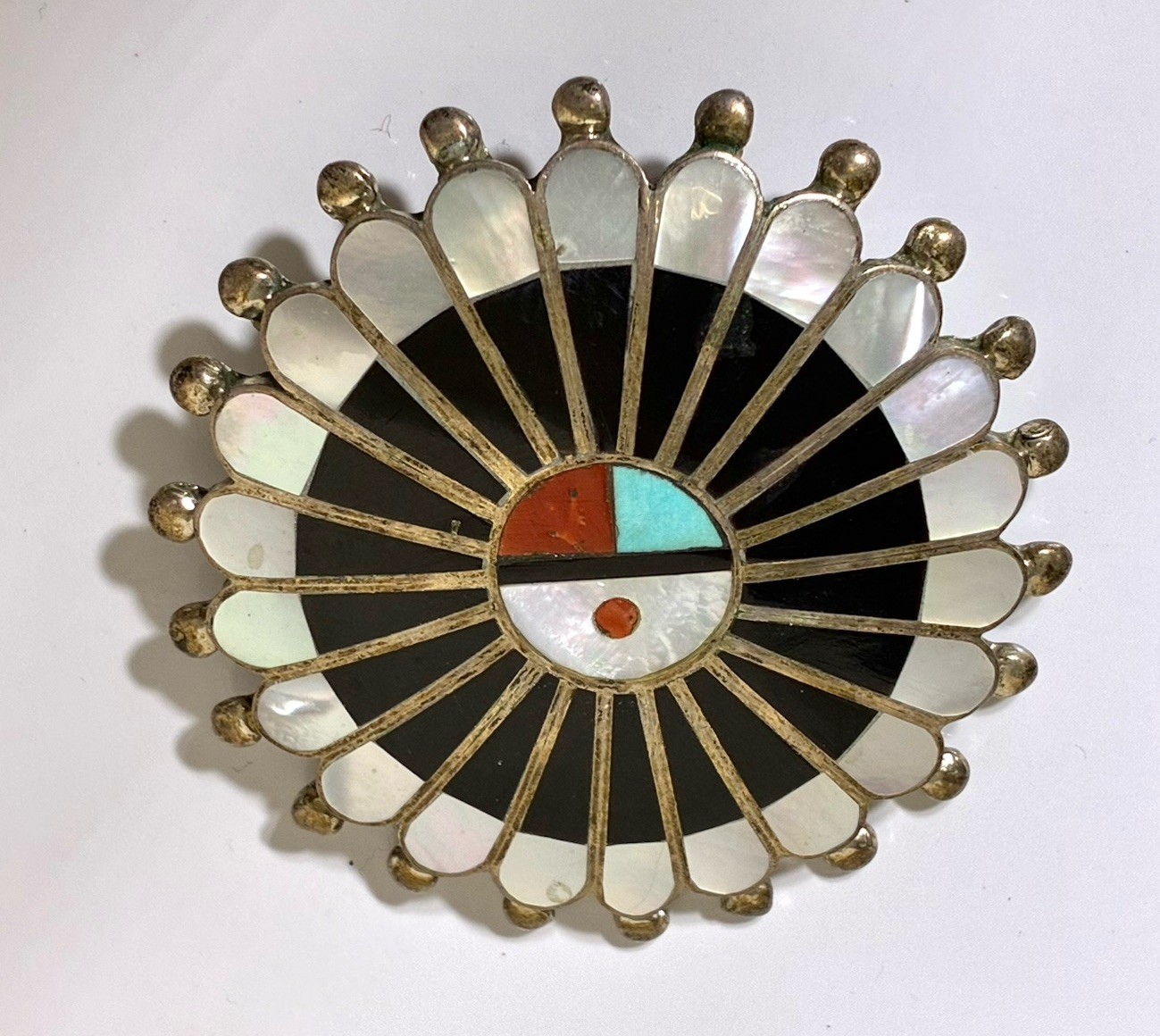 Zuni Sunface Sterling Silver Inlay Pin Pendant MOP Jet Turquoise Coral Signed