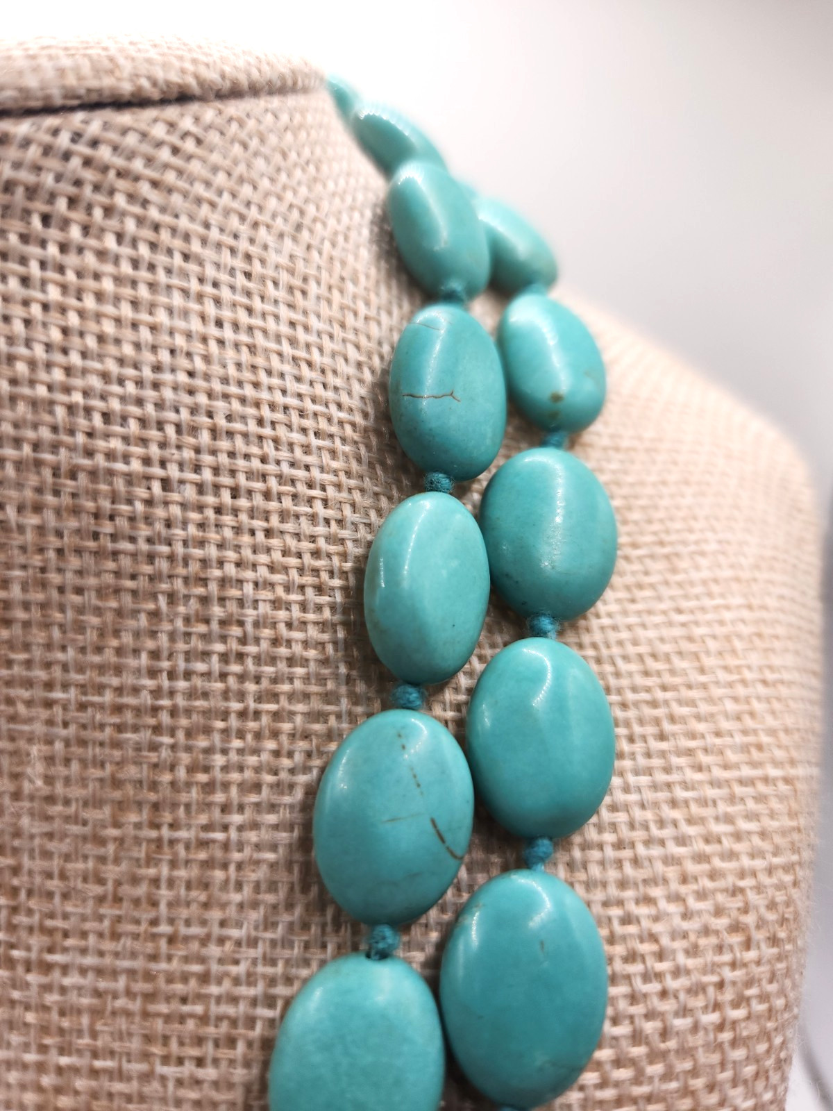 Double Strand Turquoise Necklace Sterling 925 Silver Clasp Oval Beads Light Blue