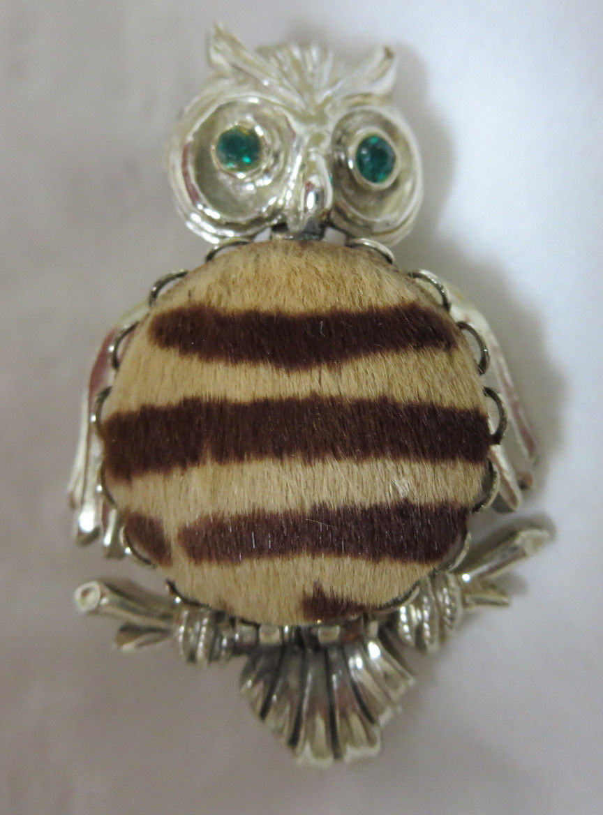 Vintage Gold Tone Locket Tan and Brown Faux Fur/Material Owl Brooch