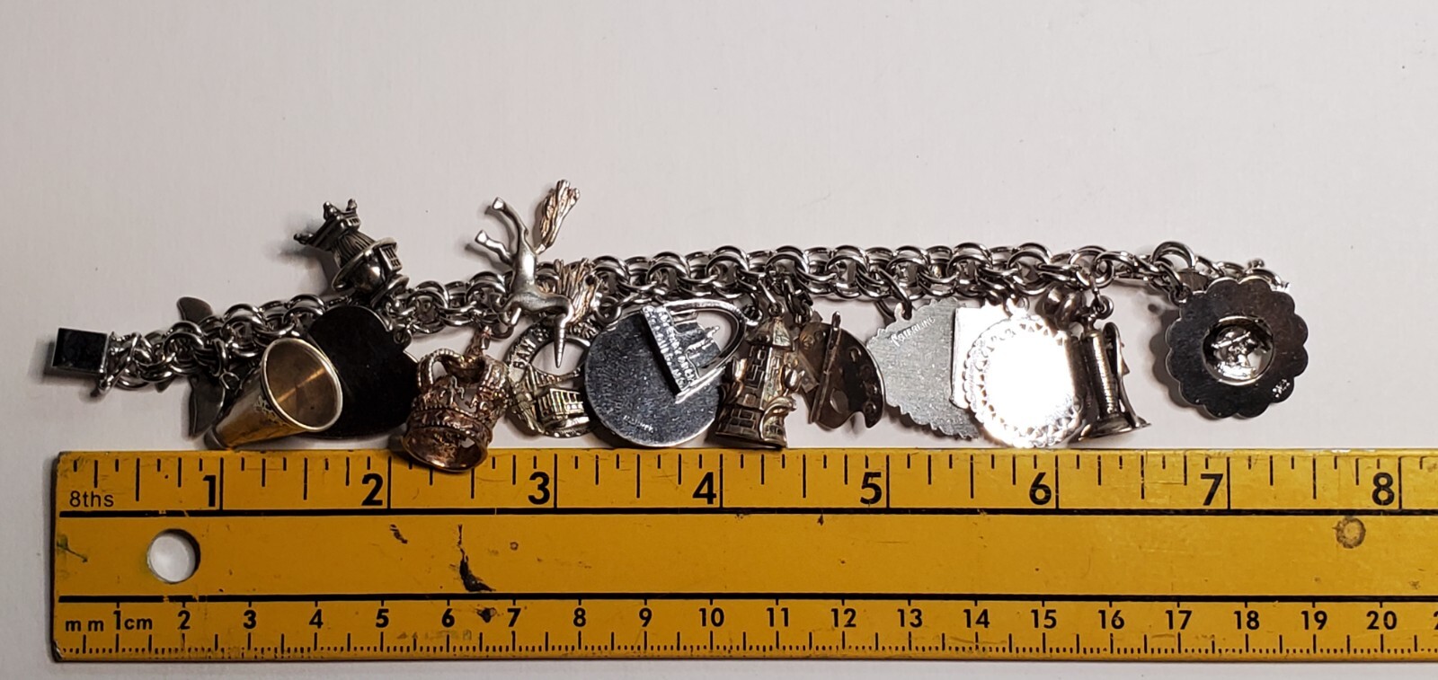 ELCO Sterling Silver 17 Charm Bracelet 64 grams – Bullhorn, Crown, Windmill