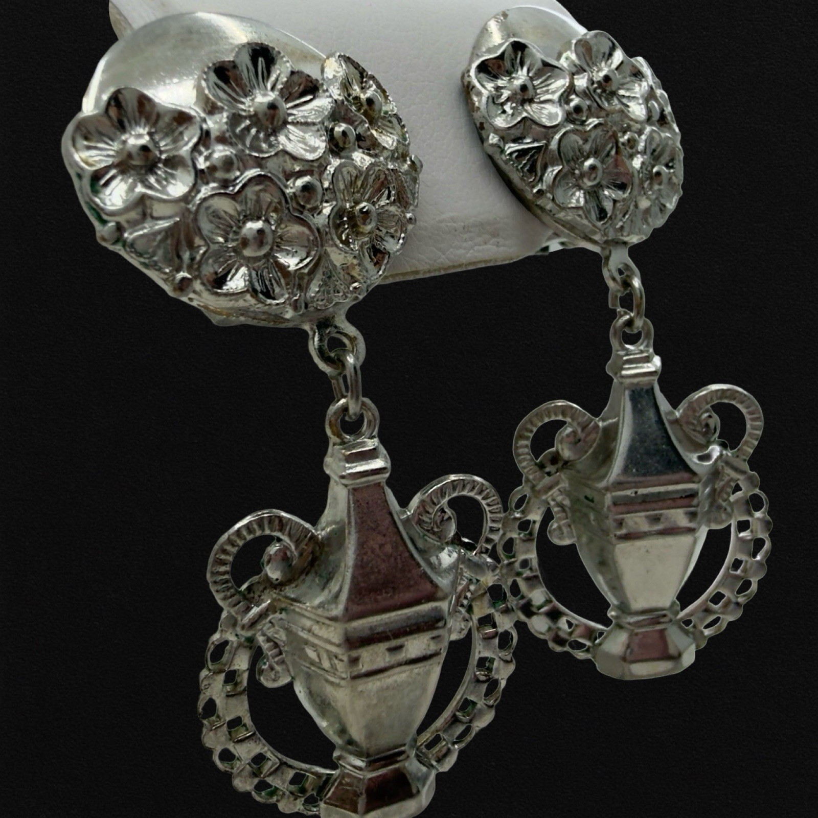 Vintage 🖤 EGYPTIAN REVIVAL 🖤 Silver Floral URN GREEK GODDESS Dangle Earrings
