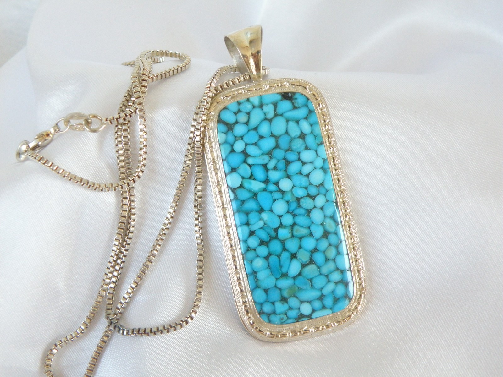 Huge Sterling Silver 925 Large Mosaic Turquoise Statement Pendant Necklace