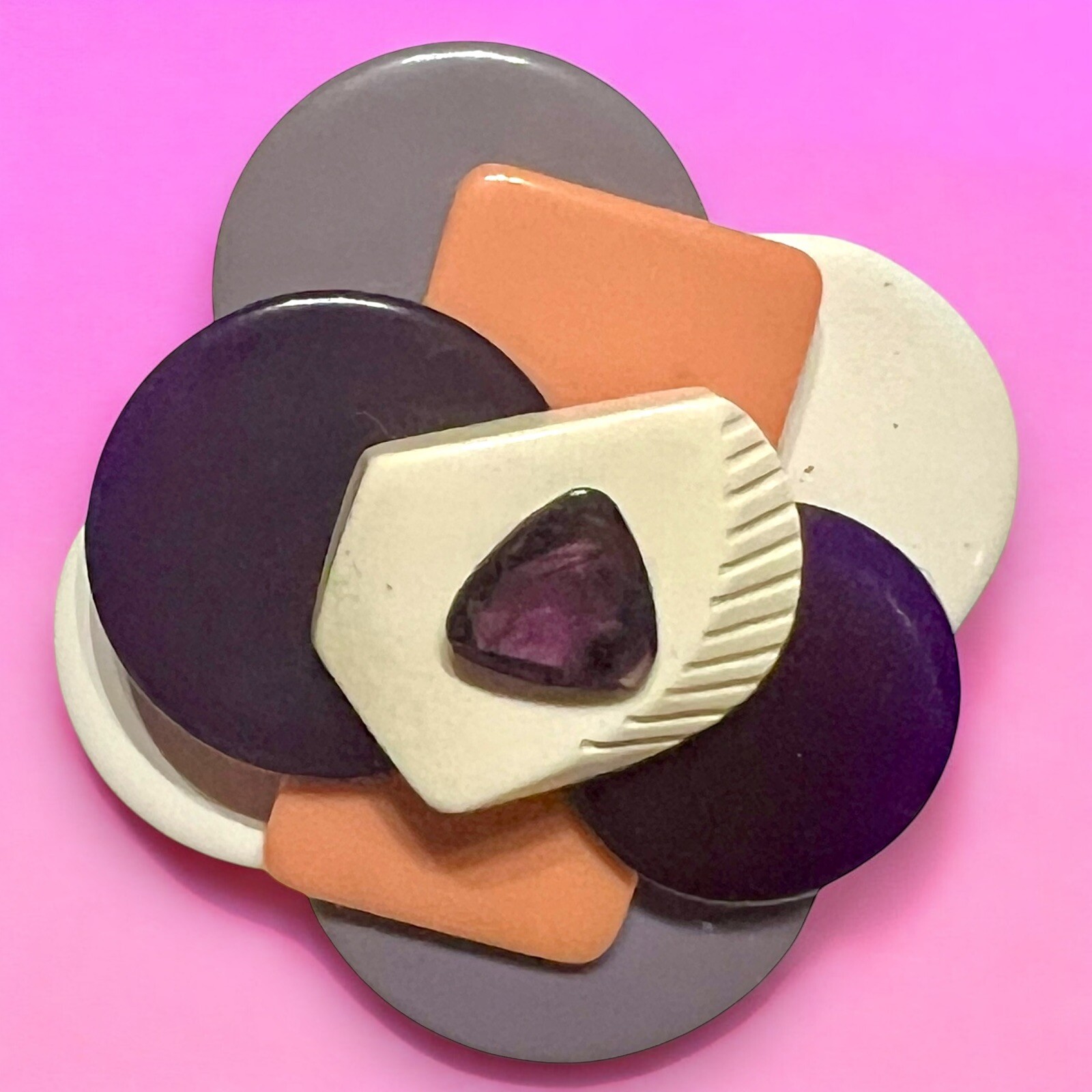 Lavender, Purple, Pink & White Modern Galalith Brooch Early Plastic Bakelite Era