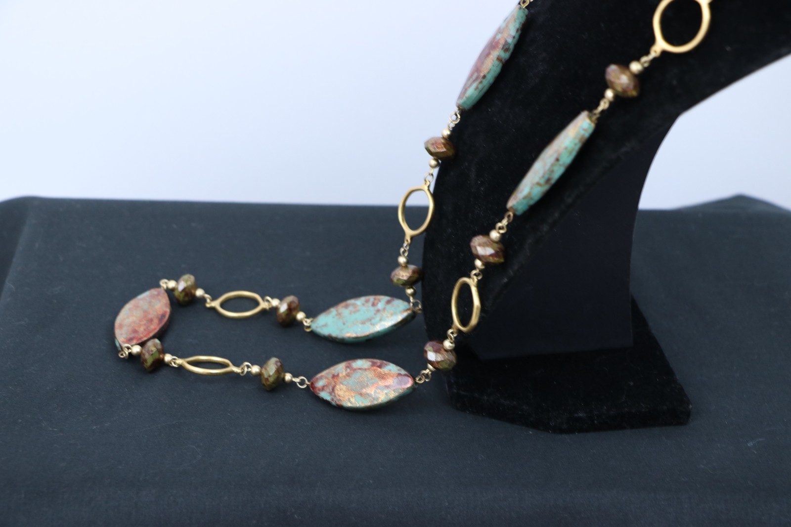 Boho Long Necklace Turquoise & Rust Marquise Beads Gold Tone Station Chain