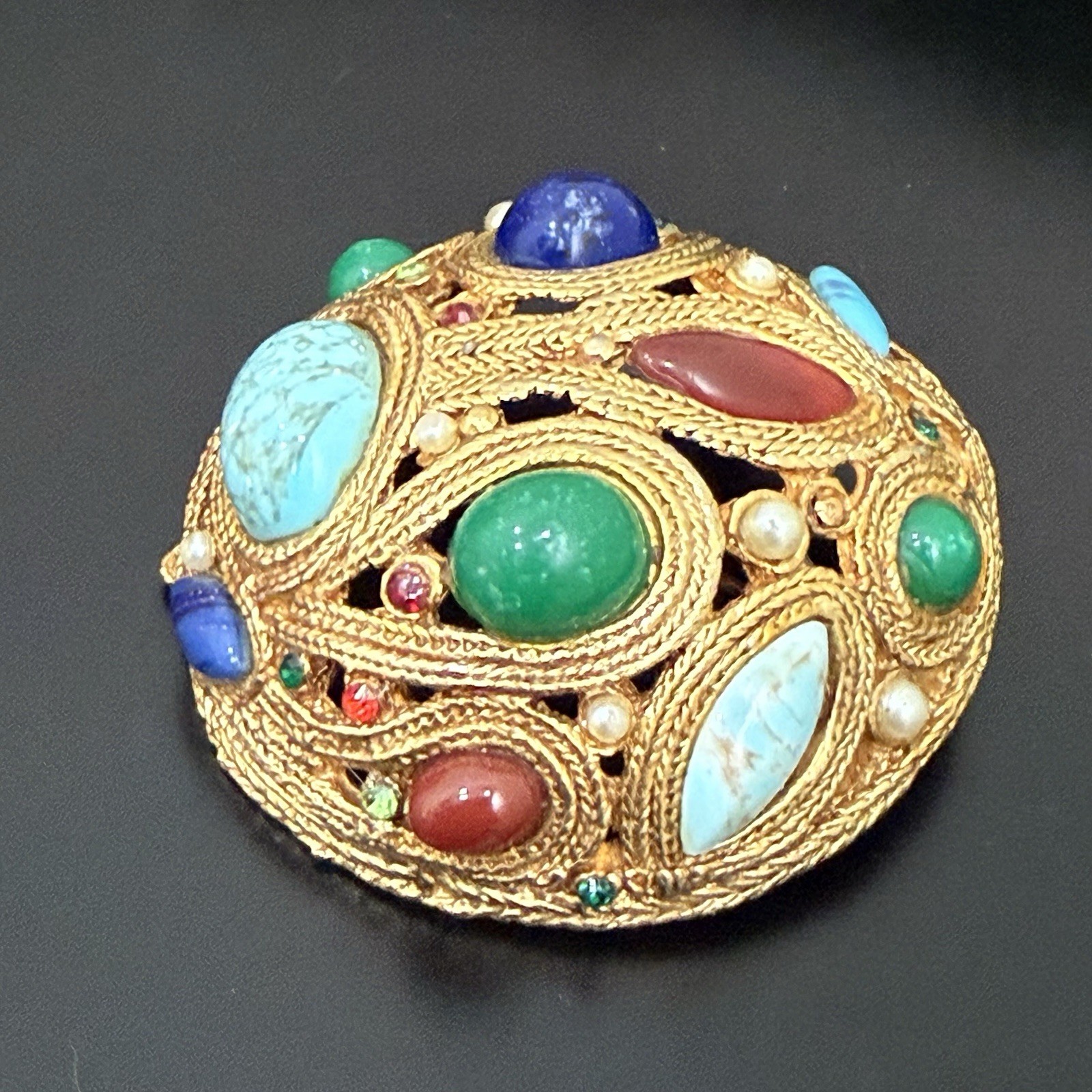 Vintage La Roca Style Multicolor Bejeweled Gemstones Gold-tone Dome Brooch 44g.