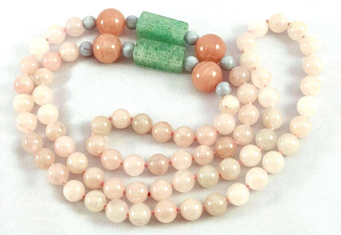 Pink And Green Jade Quartz Hand Knotted Beaded Necklace Long