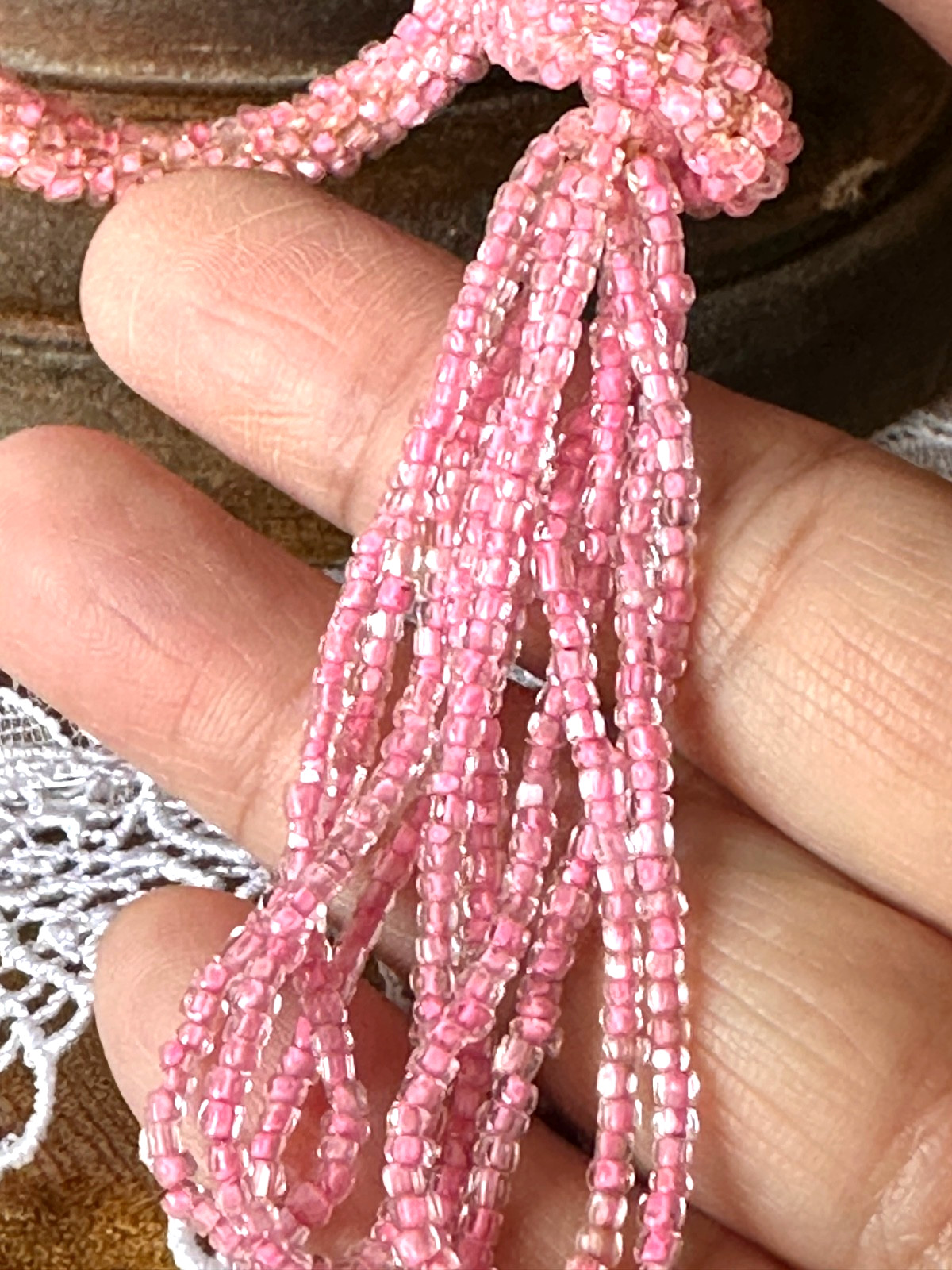 Vintage Circa: 1920s Pink European Glass Seed Bead Tassel Necklace WATCH VIDEO!