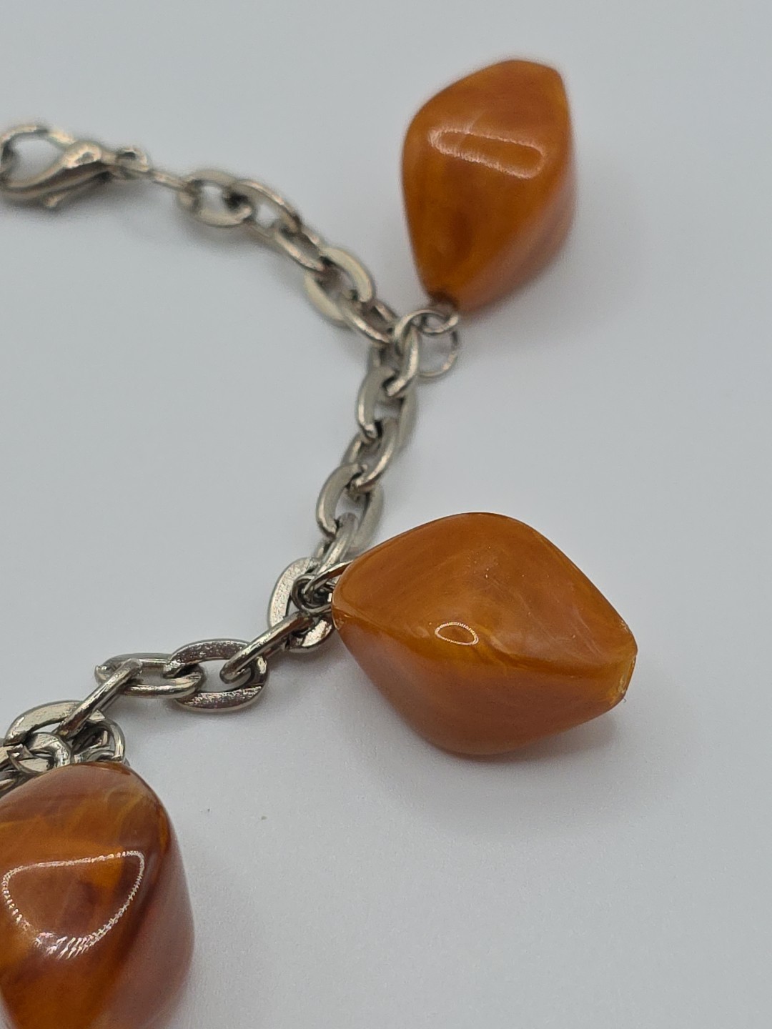 Vintage Marbled Orange Acrylic Charm Bracelet Chunky Retro Dangle Drop Charms