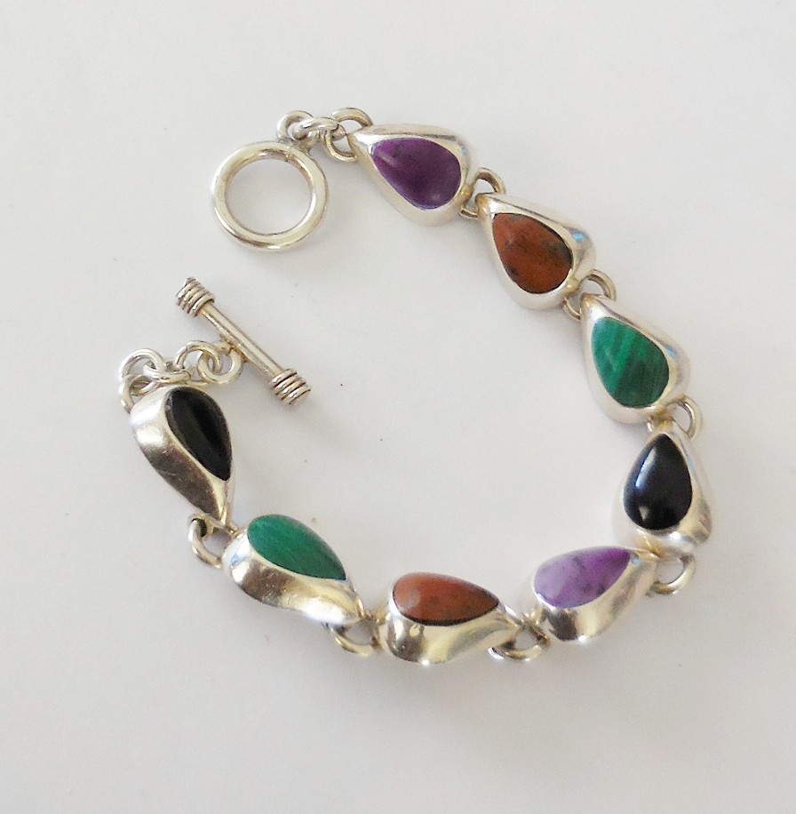 VINTAGE GEODE STERLING SILVER BRACELET BEAUTIFUL COLORFUL STONES 31 GRAMS