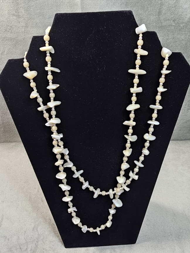 Mother Of Pearl Beads and Chip 40in Single Strand Necklace Vintage Beautiful