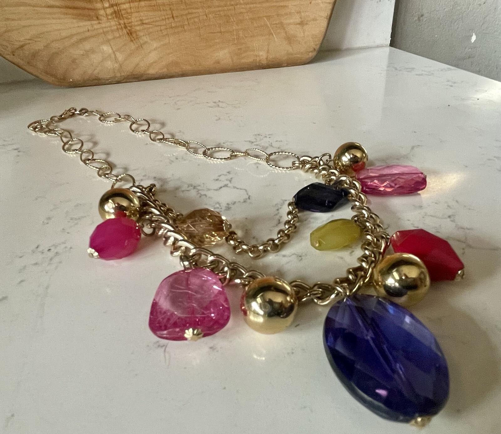Bright Pastel Multi-Colored Faceted Faux Gem Gold Tone Double Chain Necklace 20”