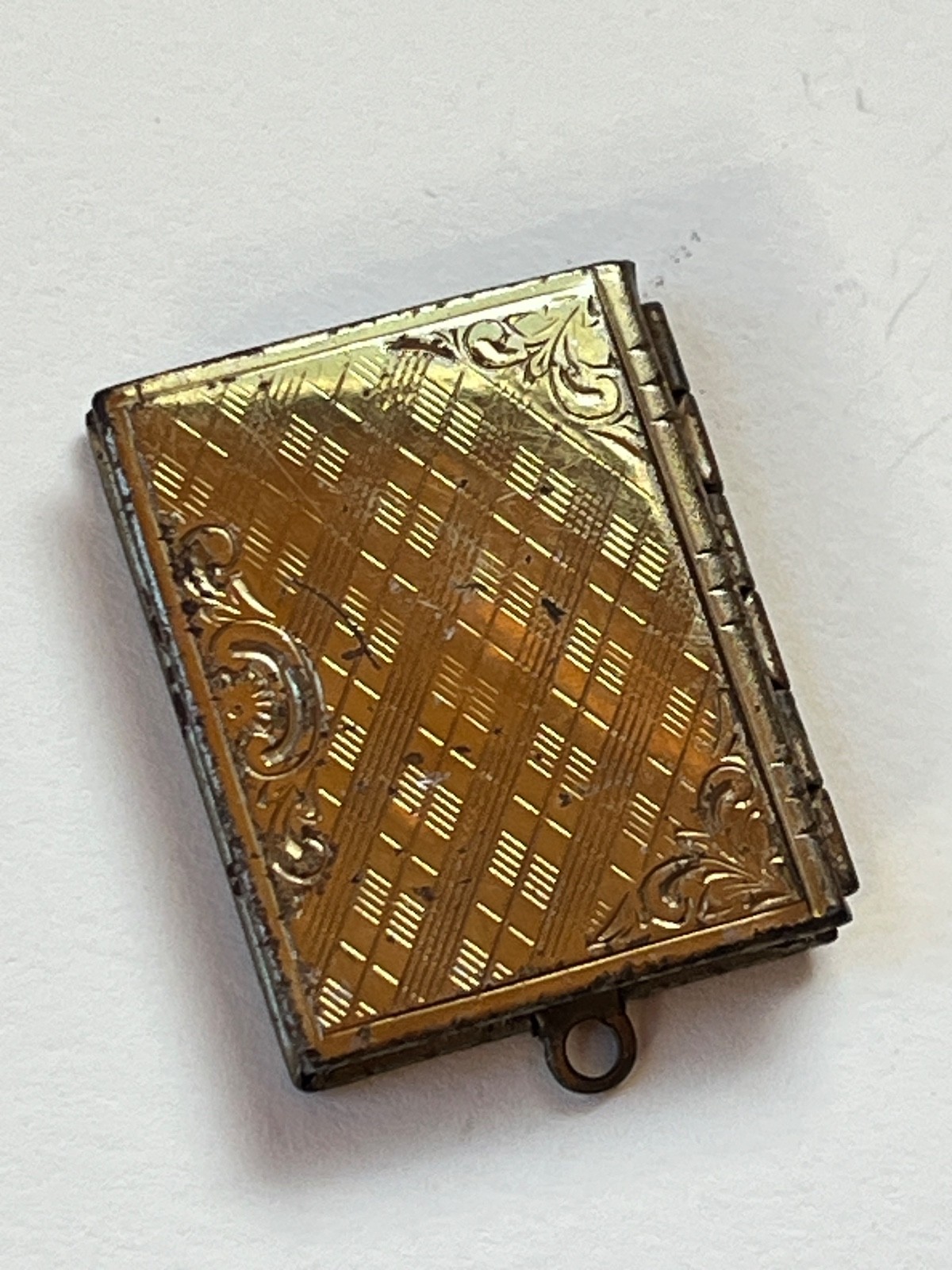 Vintage Etched Goldtone Book Locket Pendant – about 1 x 0.75 inches not includin