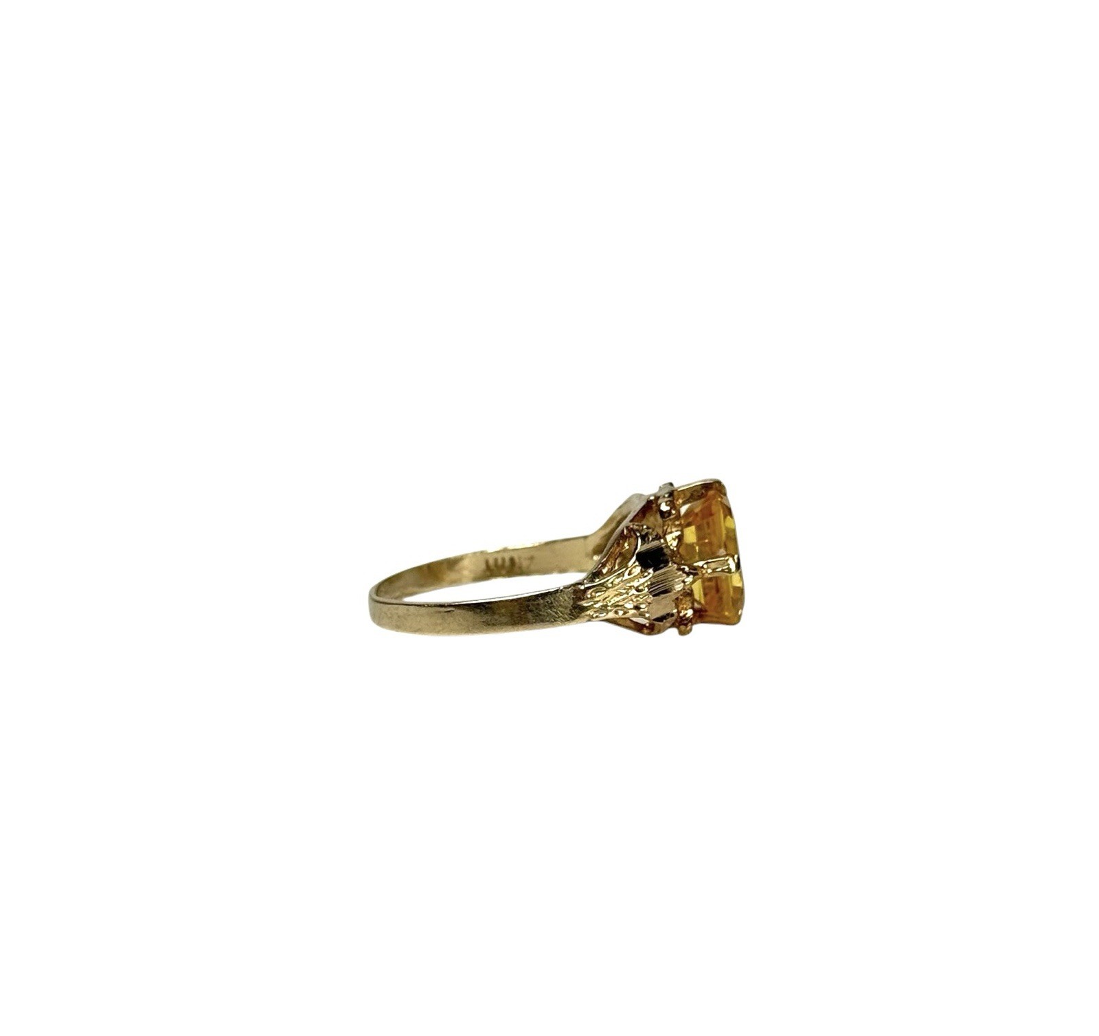 Vintage Art Deco Ring 10 K Yellow Gold & Emerald Cut Yellow Crystal CZ Sapphire