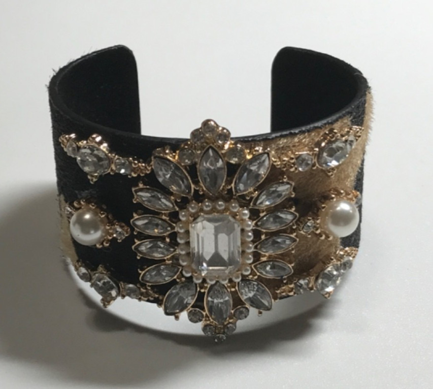Vintage Cuff Bracelet Faux Fur Rhinestones Faux Pearls Statement Runway