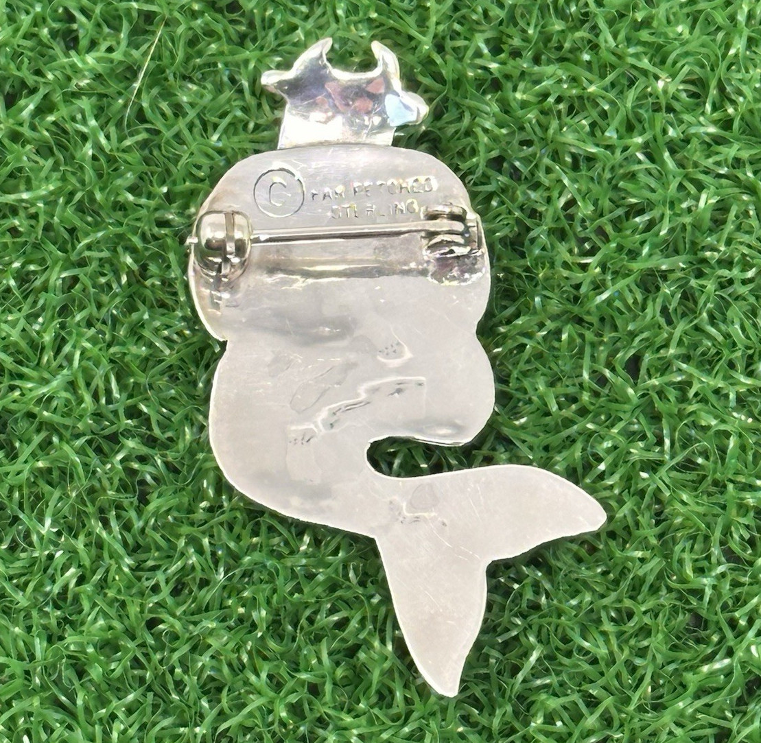 1990s Far Fetched Silver Cow Mermaid Brooch Pin Mexico Modernist Figural Jewelry