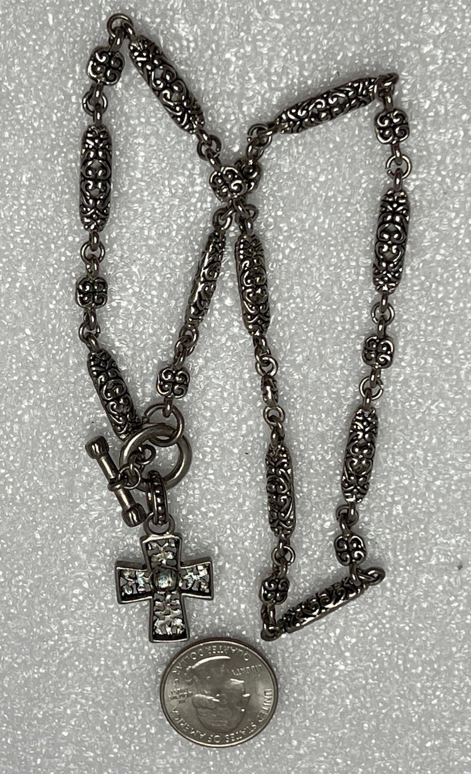 Vintage Silver Tone Ornate Station Necklace Cross Pendant 20”