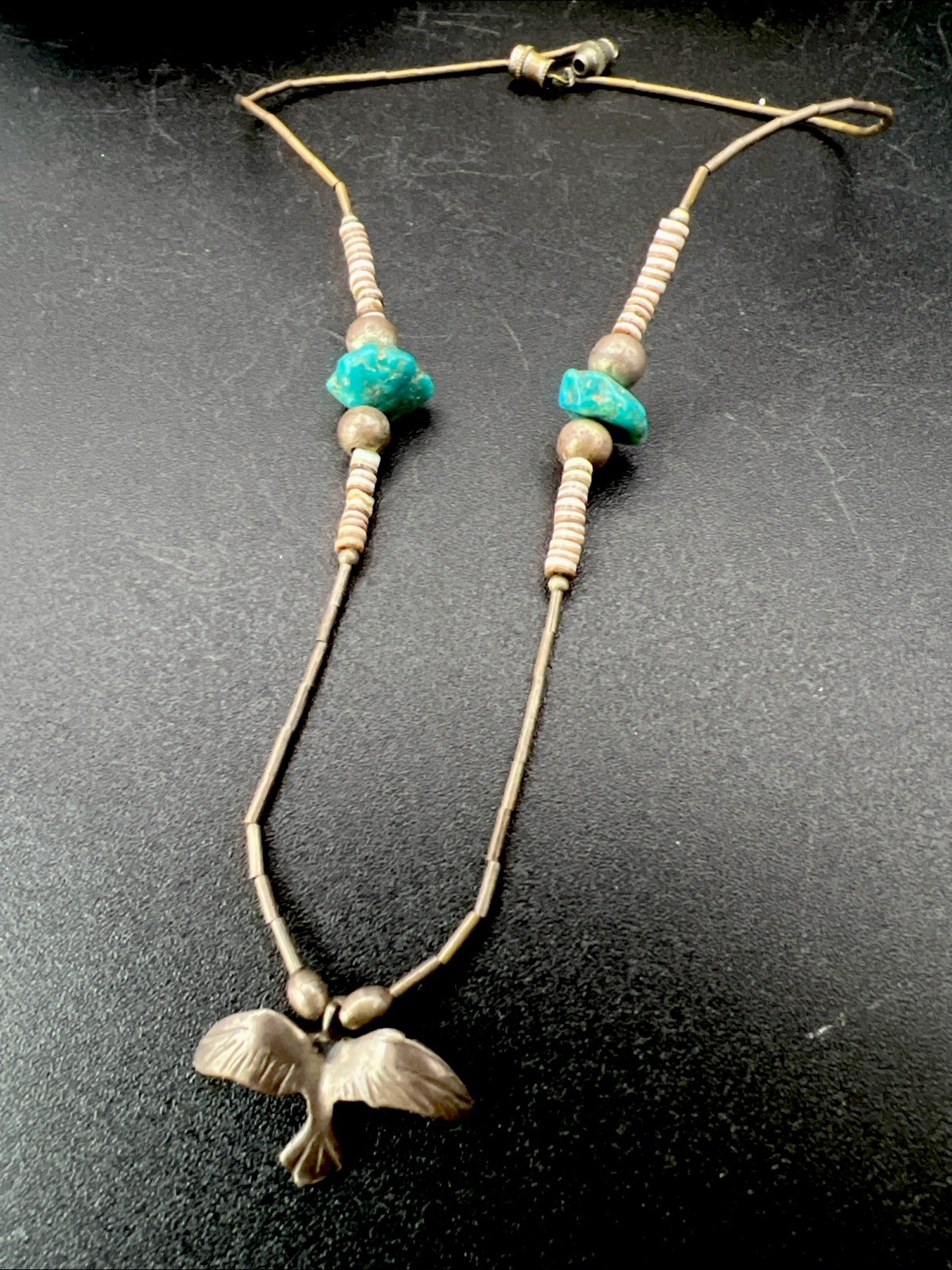 Nativa American VTG Turquoise Heishi Pendant Necklace Peyote Water Bird 17” 9.7g