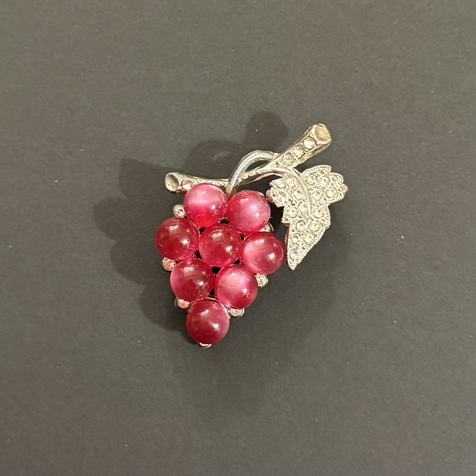 Vintage Coro Style Moonstone Lucite Grape Cluster Rhinestone Leaf Brooch