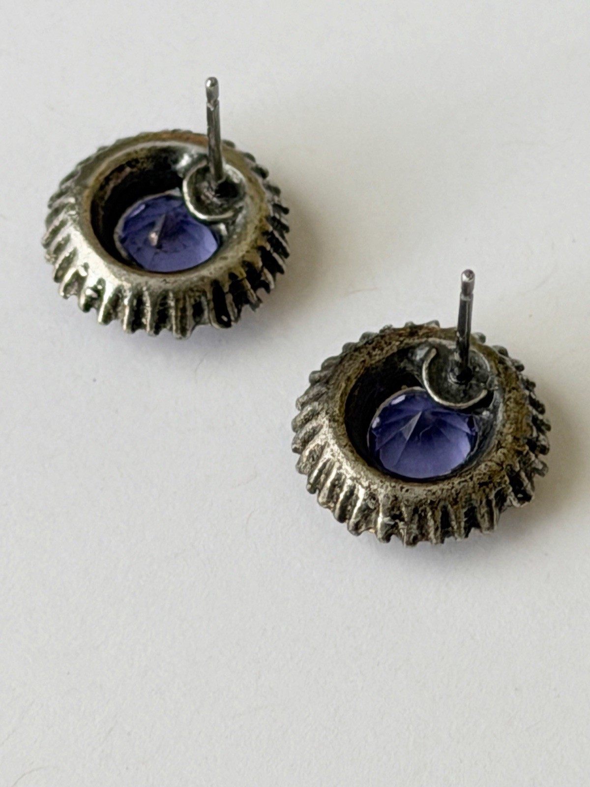 Vintage Purple Rhinestone Halo Stud Earrings, Silver Tone Round Faceted Crystal