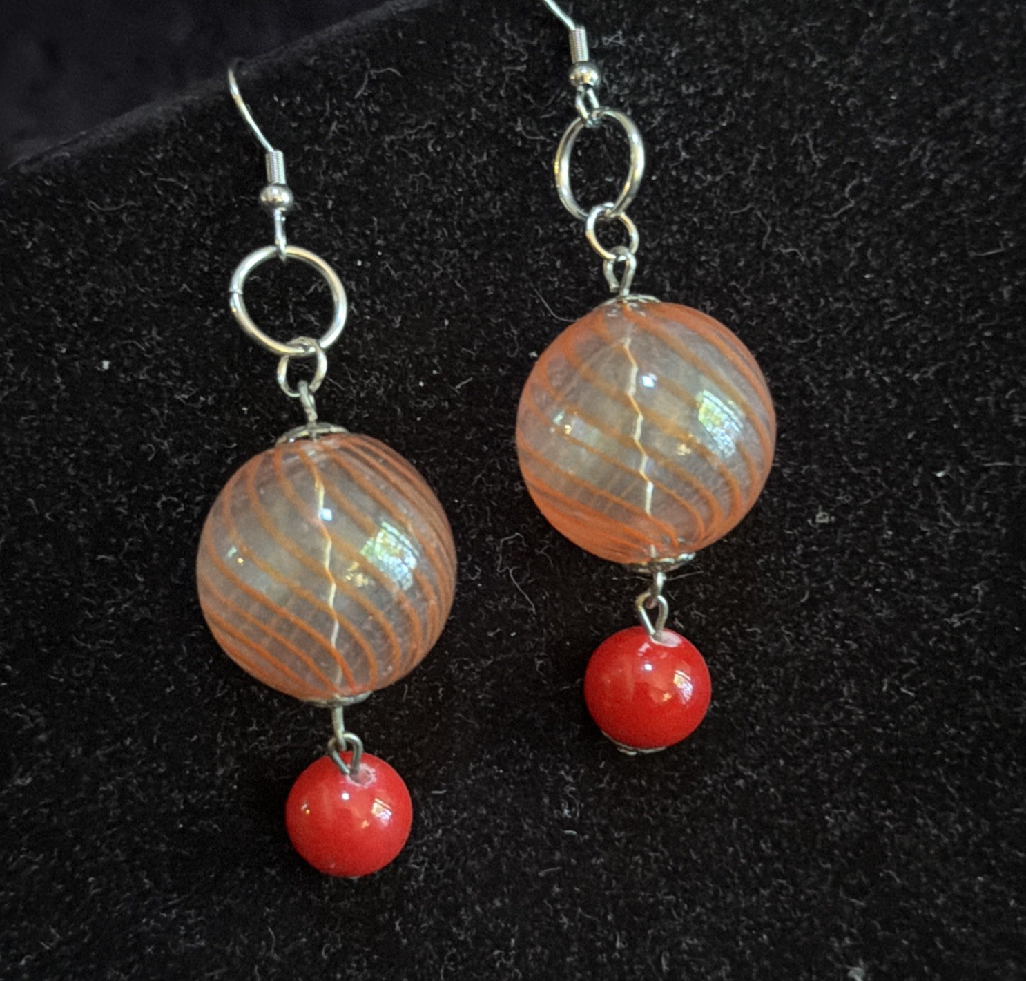 Vintage Orange Striped Blown Glass With Red Glass Drop Accent Earrings Pierced