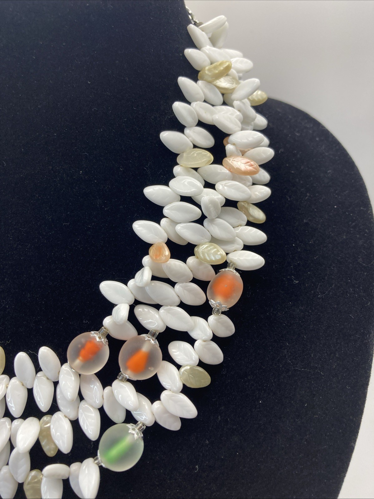 Triple Strand Plastic Orange Green White Leaves Translucent Resin Beads Necklace