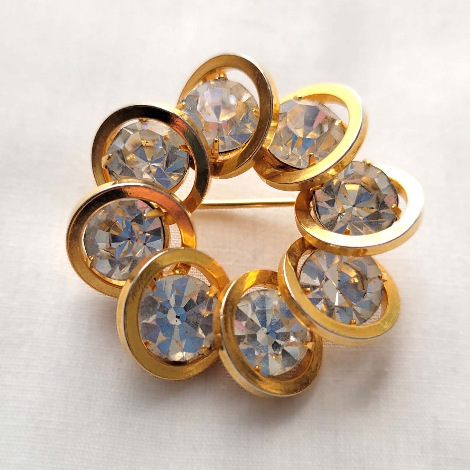 Judy Lee Clear Rhinestone Circle Brooch Pin Earrings Set Vtg Mid Century