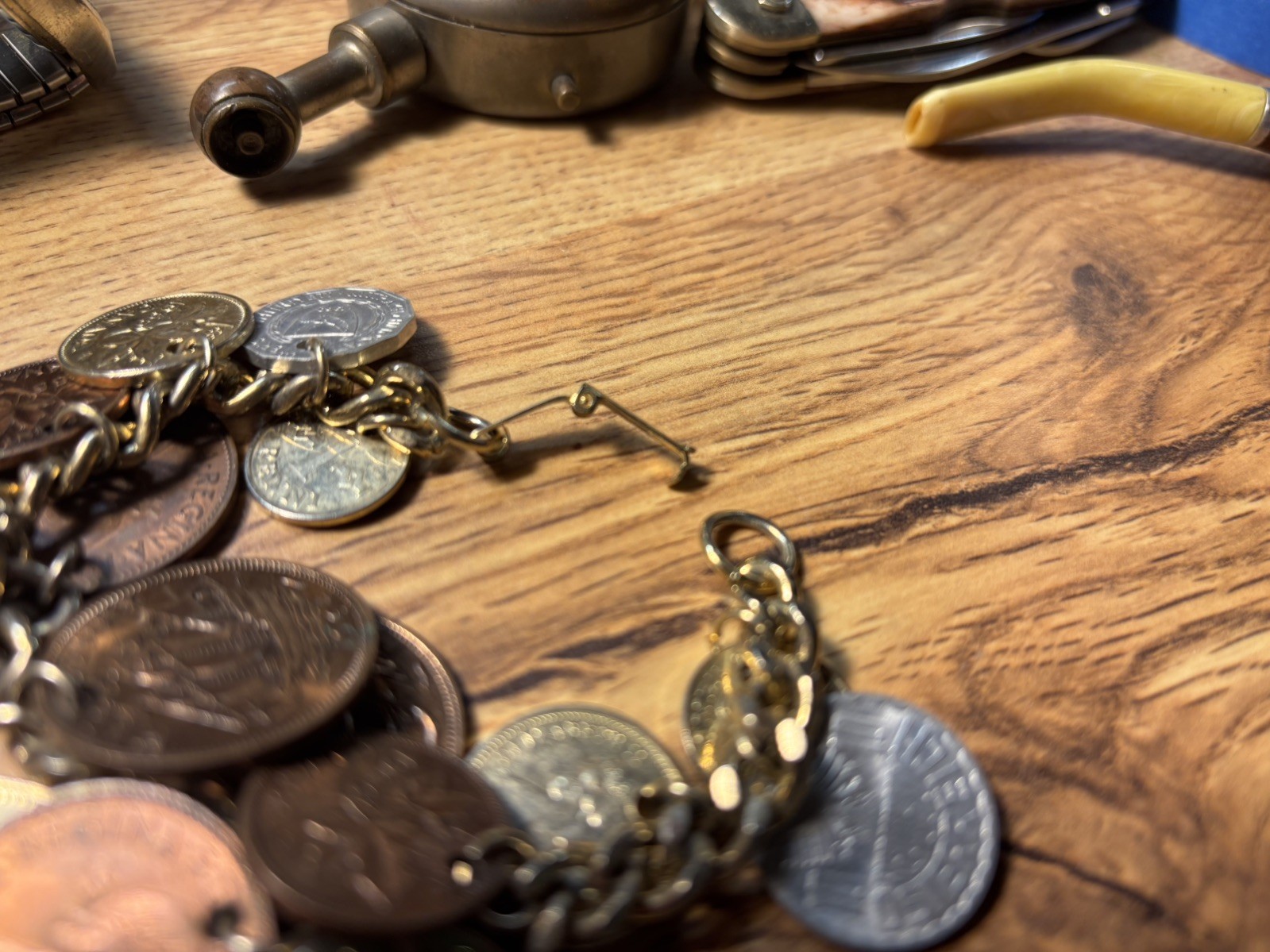 Vintage 15 xx World Coin Charm Bracelet – Mixed Foreign Coins on Gold Tone Chain
