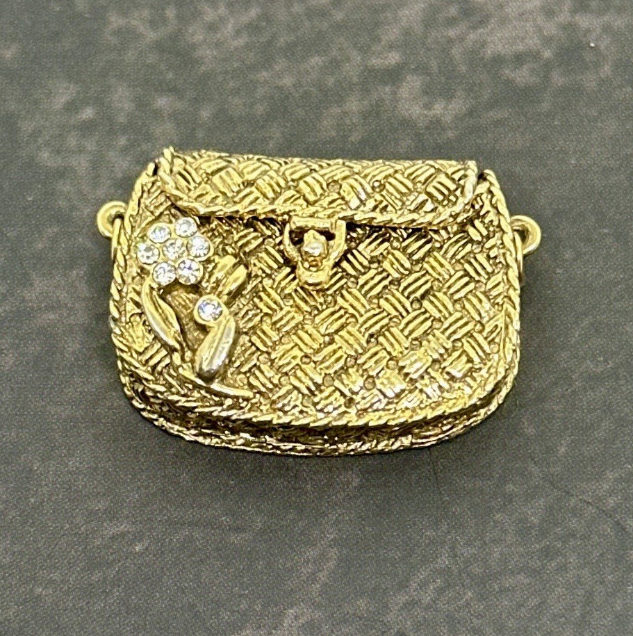Vintage Gold Toned Flower Rhinestones 1928 Brand Metal Purse Pendant Only