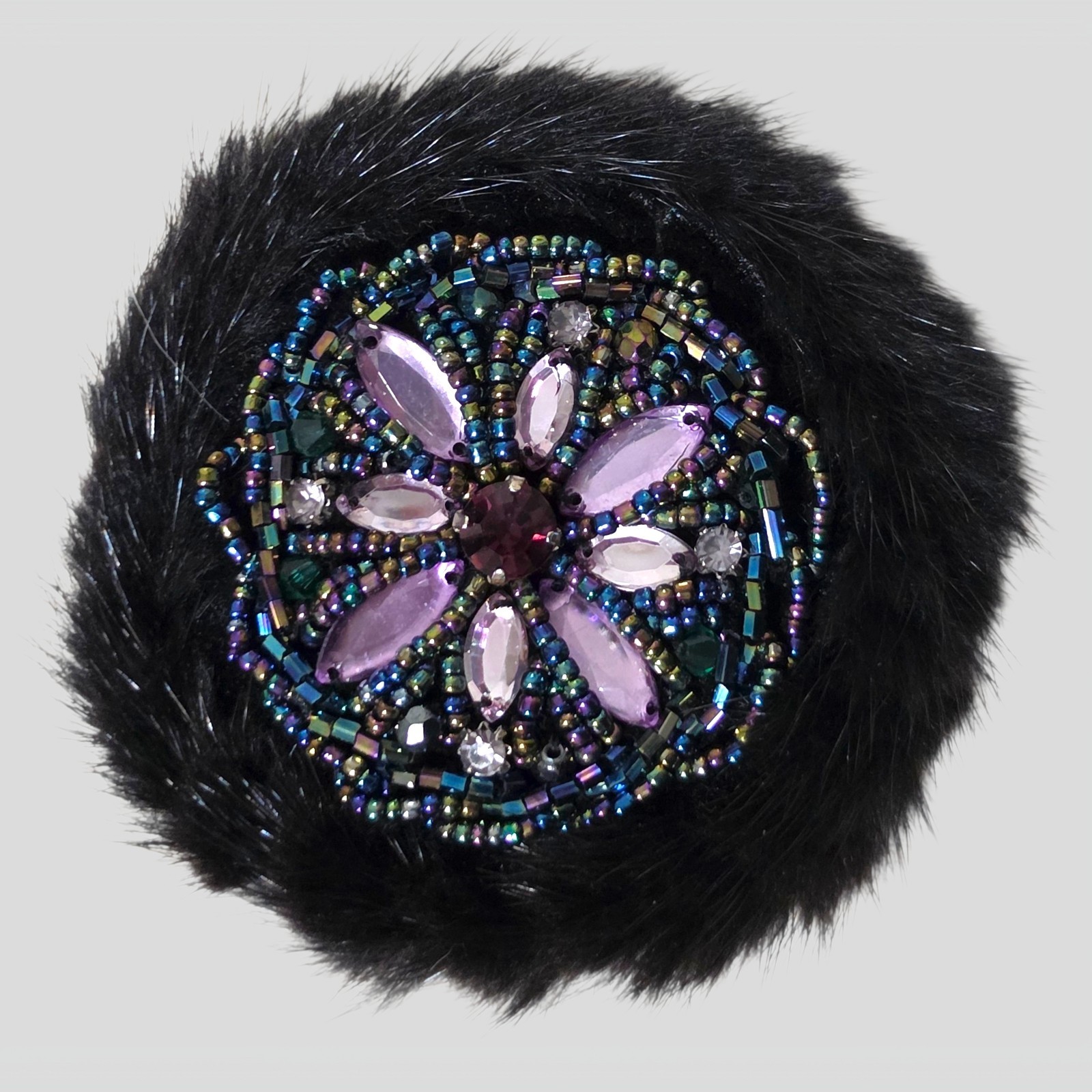 Vintage Faux Fur Beaded Rhinestone Floral Brooch Pin Black Purple Statement