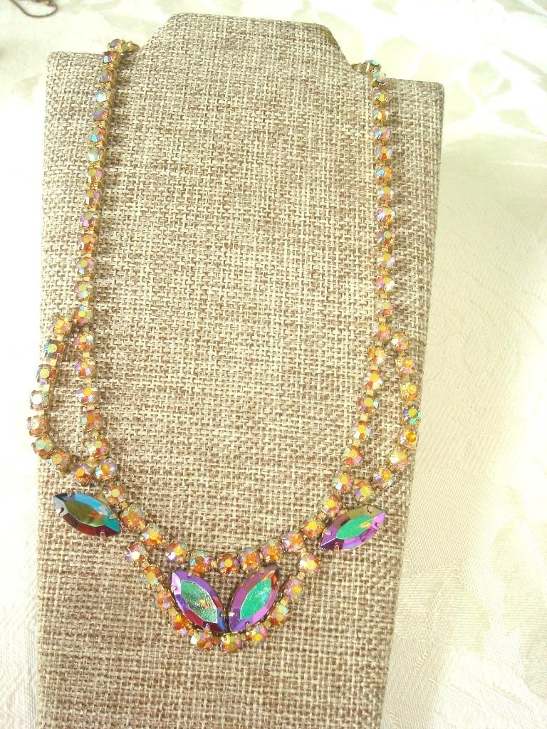 Vintage Choker Necklace Amber AB and Iridescent Rhinestones 15 1/4 in. KJ