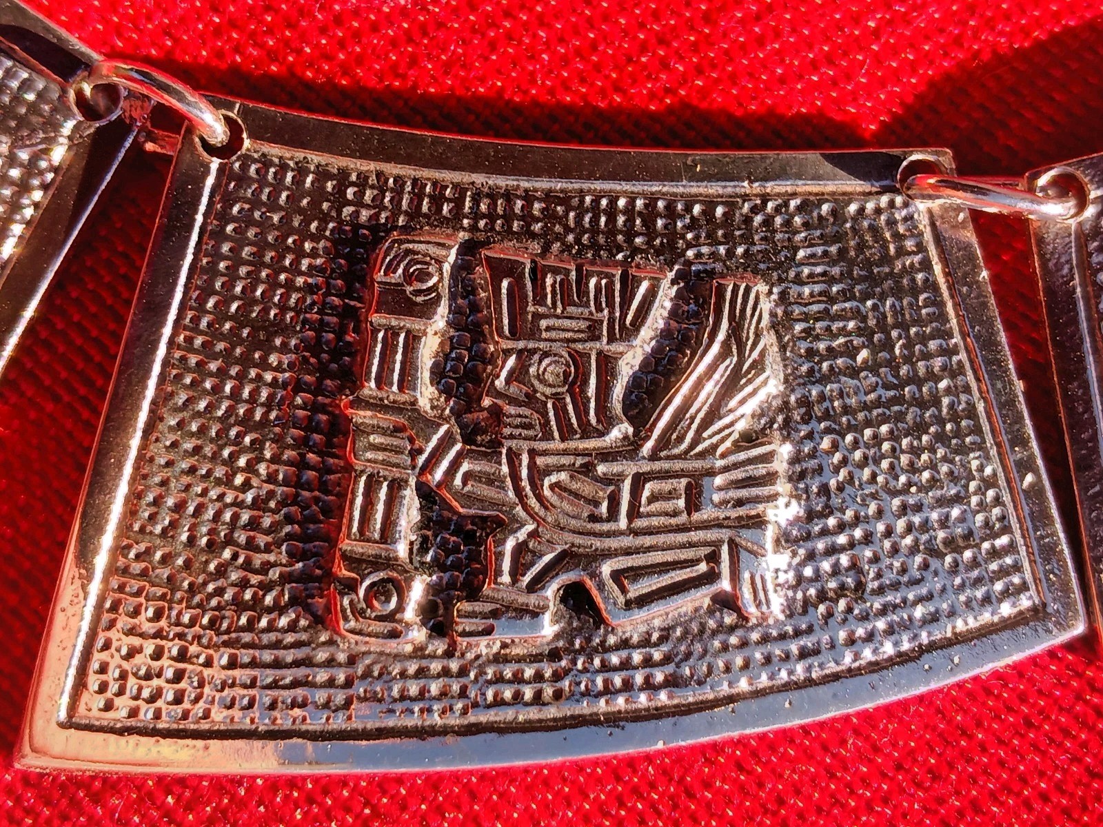 Large 64g 900 Silver Inca Dangle Pendant Necklace Handcrafted Tribal Pattern.